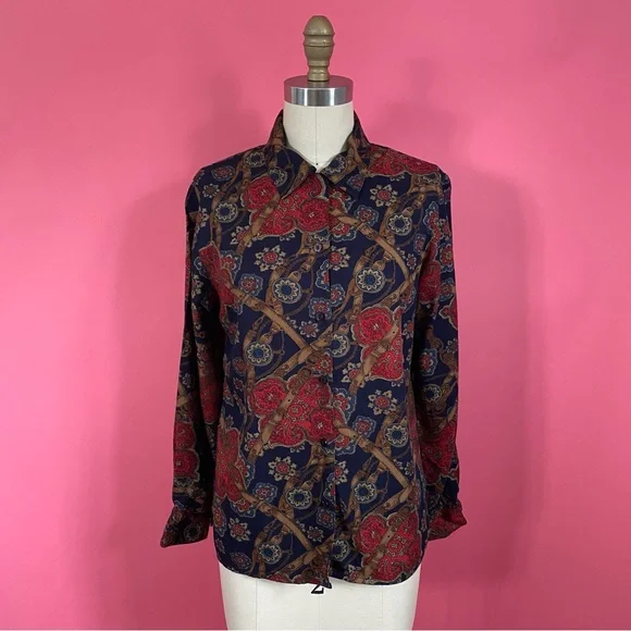 ❌SOLD❌Vintage 90s Pendleton Rayon ButtonDown Shirt Belt Buckle Straps Navy 6 - Picture 1 of 13